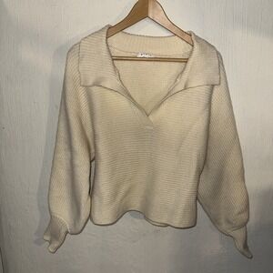 Mabel Cream Sweater V-neck wide Collar Bell Sleeve Sz M/L